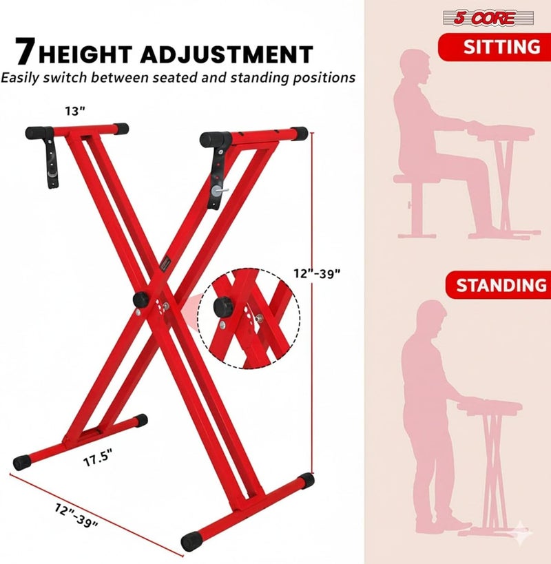 5 Core Piano Keyboard Stand Double X Heavy Duty 7 Adjustable Heights & Width Digital Electric Synthesizer Music Stands For 61 76 88 Keys w Secure Locking Strap (Red) - Image 2